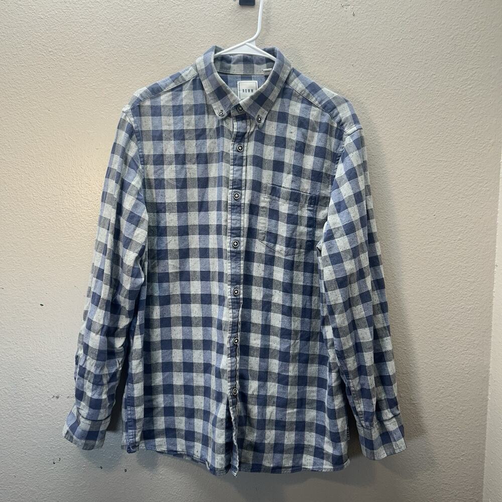 ROWM Blue Gray Plaid flannel Shirt Button‎ Up Outdoors Gorpcore SZ L
